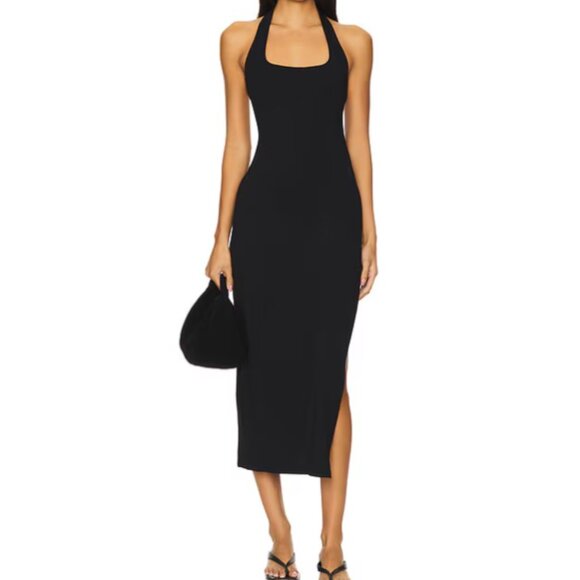 LSPACE London Halter Midi Dress Ribbed Black Beach Vacation Resort Wear Size L - Picture 2 of 10